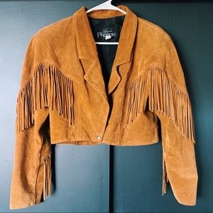 Vintage Suede Leather Fringe Jacket Cropped Brown / Camel / Tan w Shoulder Pads
